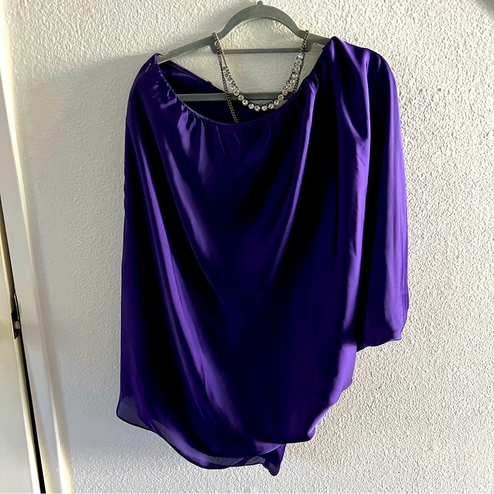 CACHE Purple Satin Off the Shoulder Dress Shirt